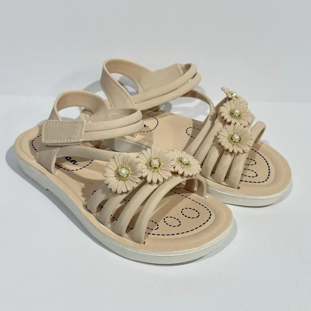 Girls PVC Sandals Size 12 Beige Floral Pearl Non-Slip Summer Shoes Hook & Loop